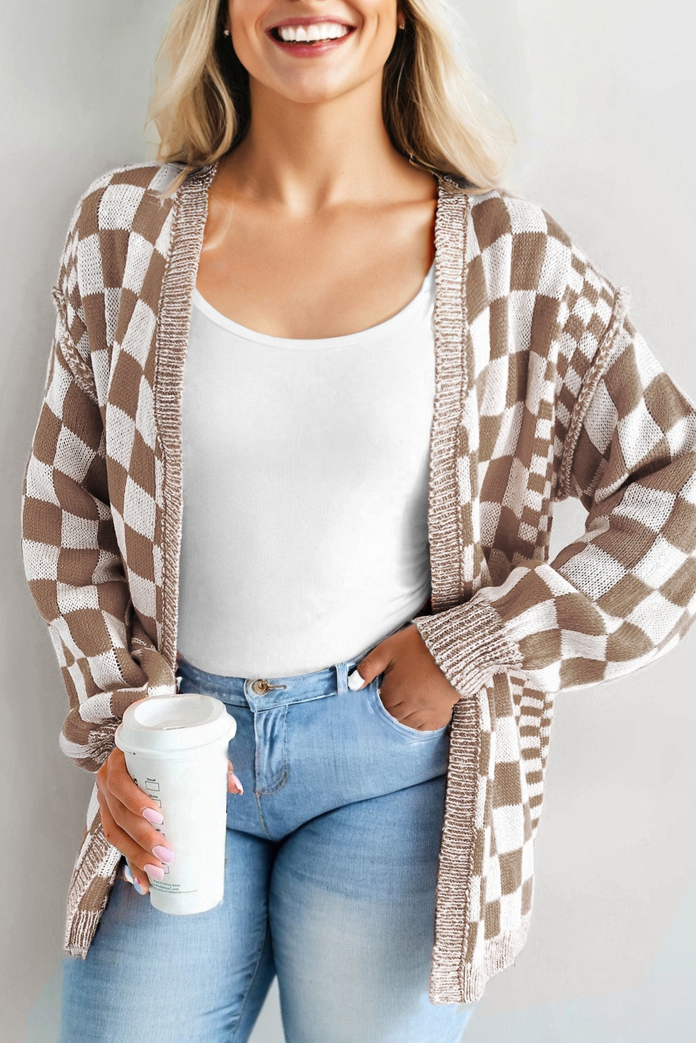Plus Size Checker Drop Shoulder Open Front Cardigan