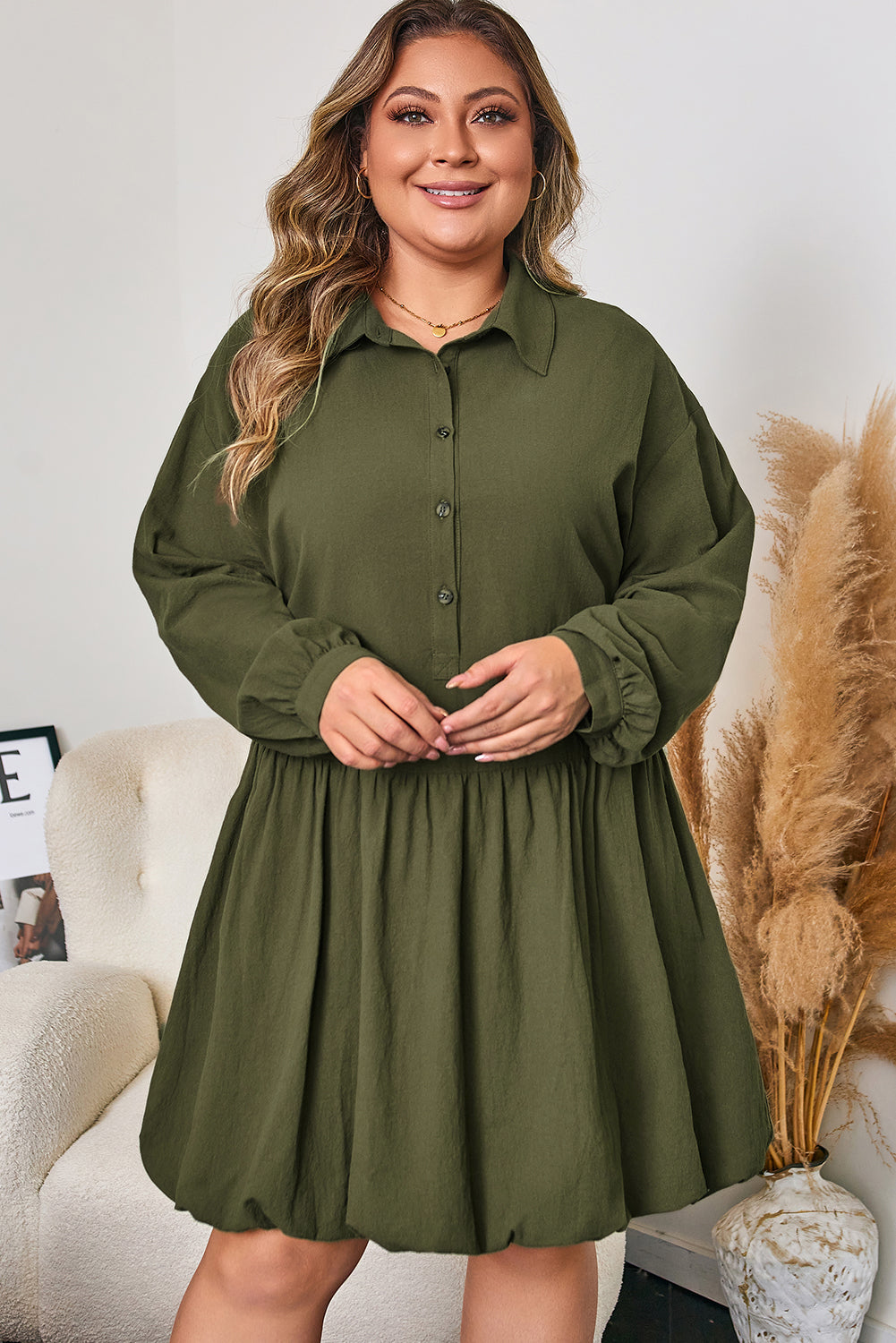 Plus Size Collared Half-Button Ruffle Hem Mini Dress