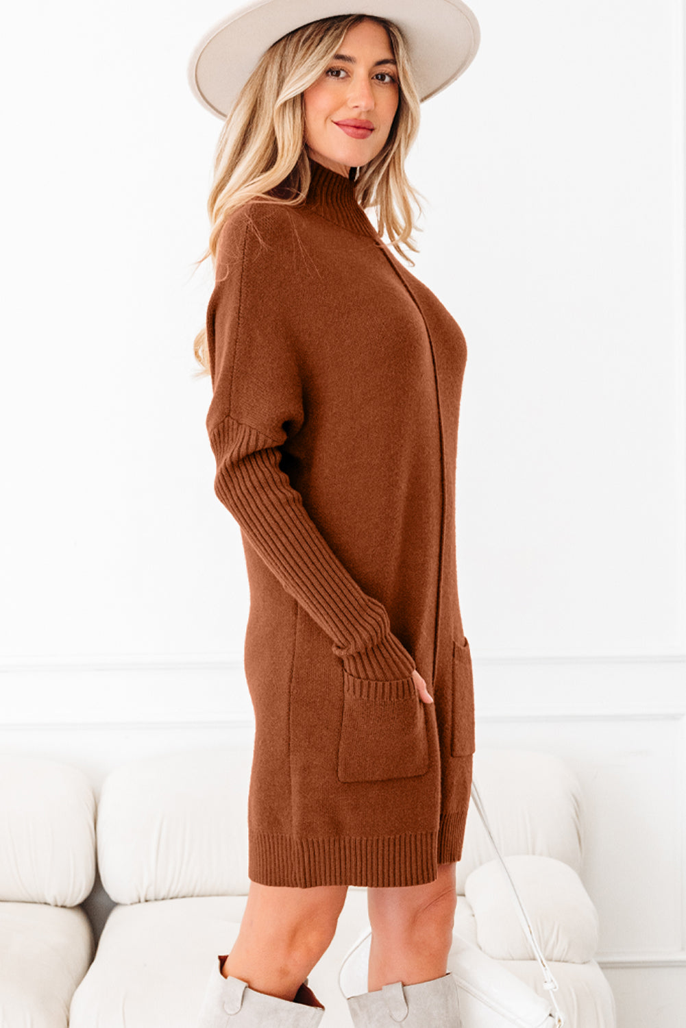 Solid Ribbed Mock Neck Sweater Dress