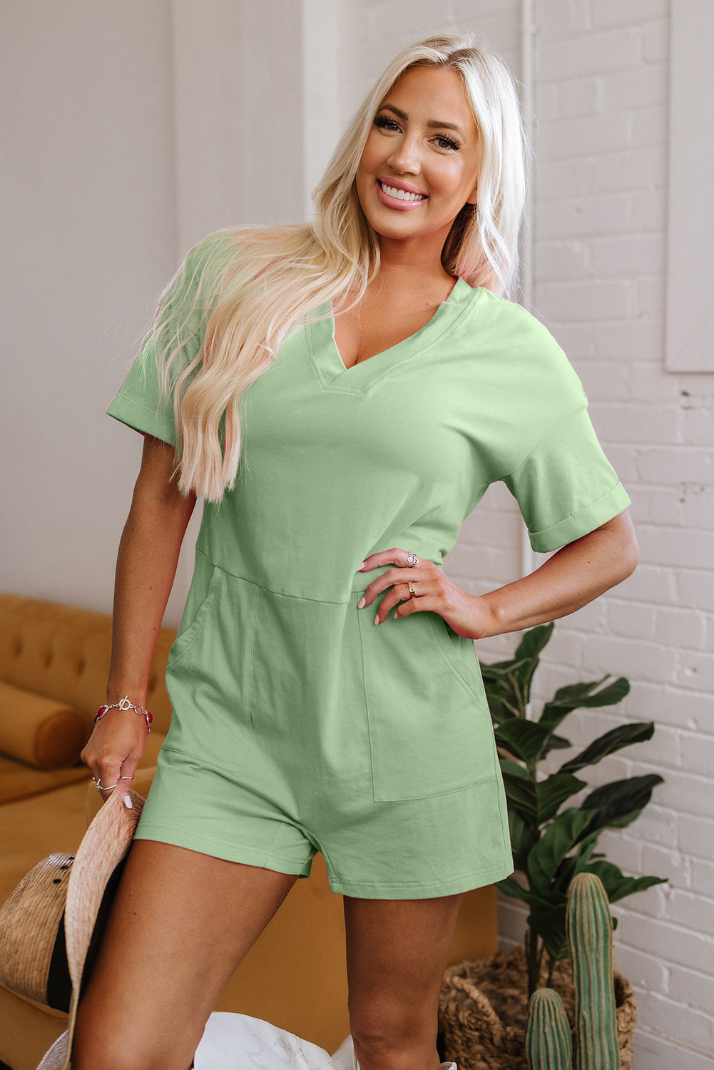 Solid Short Sleeve V-Neck Knit Romper