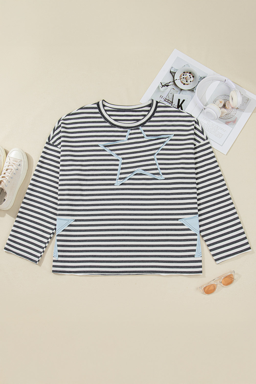 Plus Size Stripe Star Stitch Long Sleeve Top