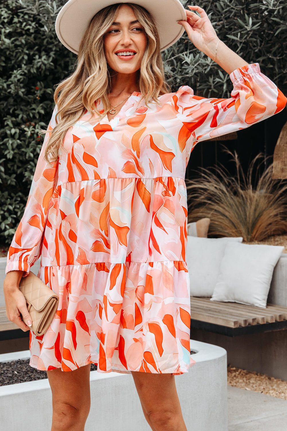 Abstract Split Neck Long Sleeve Dress