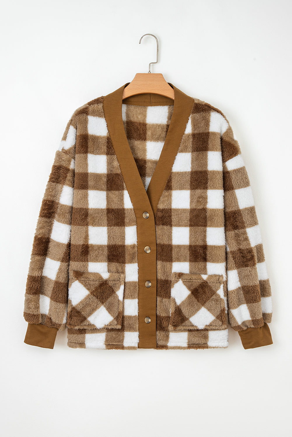 Checker Sherpa Button-Up Pocketed Cardigan