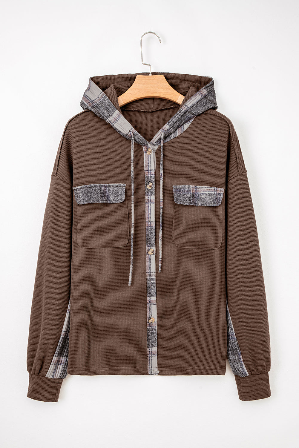 Plaid Patchwork Button-Up Drawstring Hooded Shacket