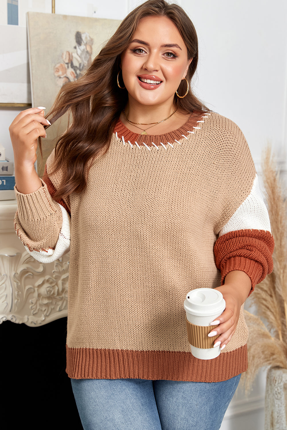 Plus Size Colorblock Knit Contrast Stitch Crewneck Sweater