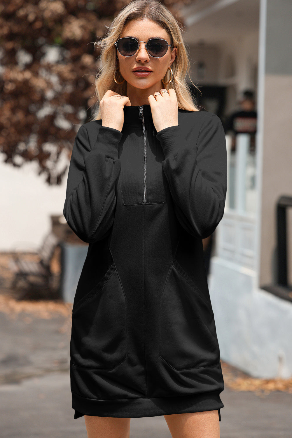 Solid Ribbed Patchwork Pocketed Sweatshirt Dress