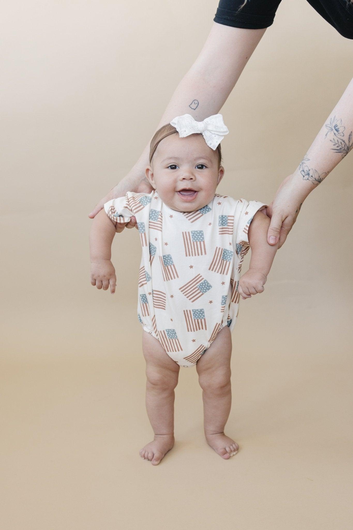 4th of July Flag Print T-Shirt Romper - optional custom embroidery