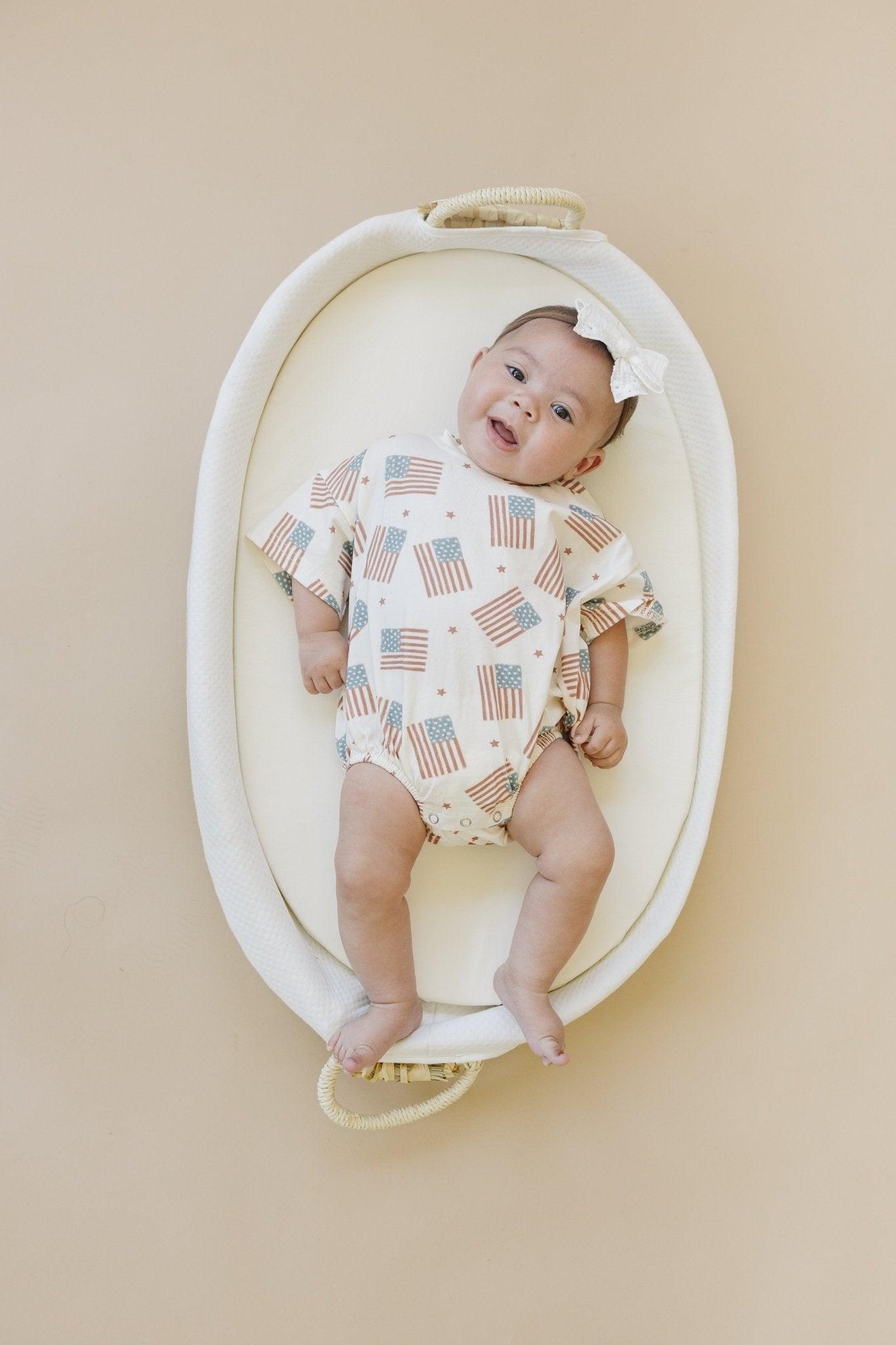 4th of July Flag Print T-Shirt Romper - optional custom embroidery