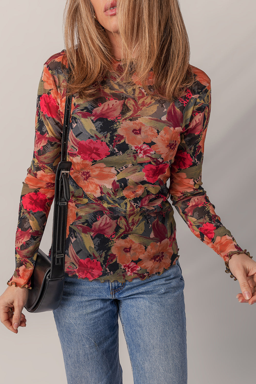 Floral Mesh Lettuce Trim Long Sleeve Top