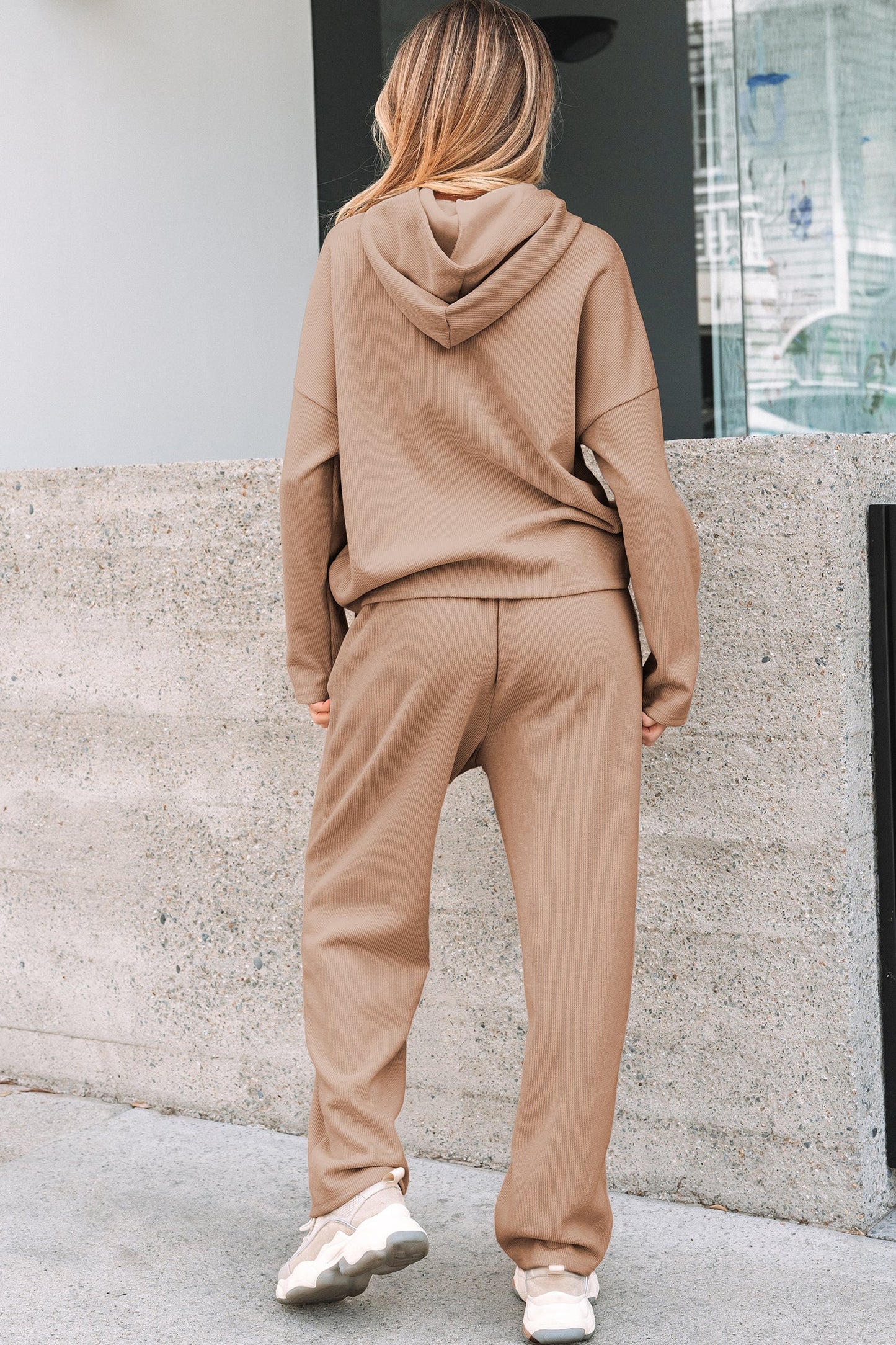 Solid Corduroy Lace Hoodie and Pants Set