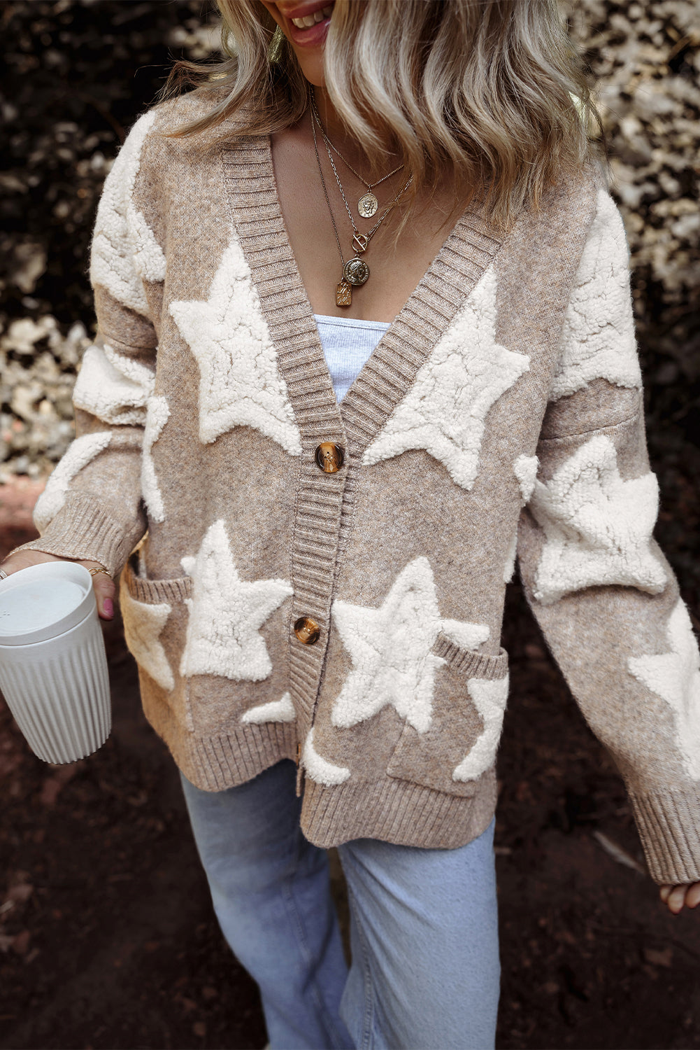 Star Sherpa Textured Buttoned Sweater Cardigan