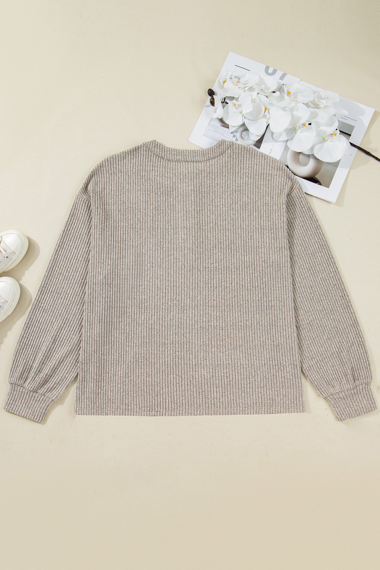 Plus Size Ribbed Knit Kangaroo Pocket Henley Top