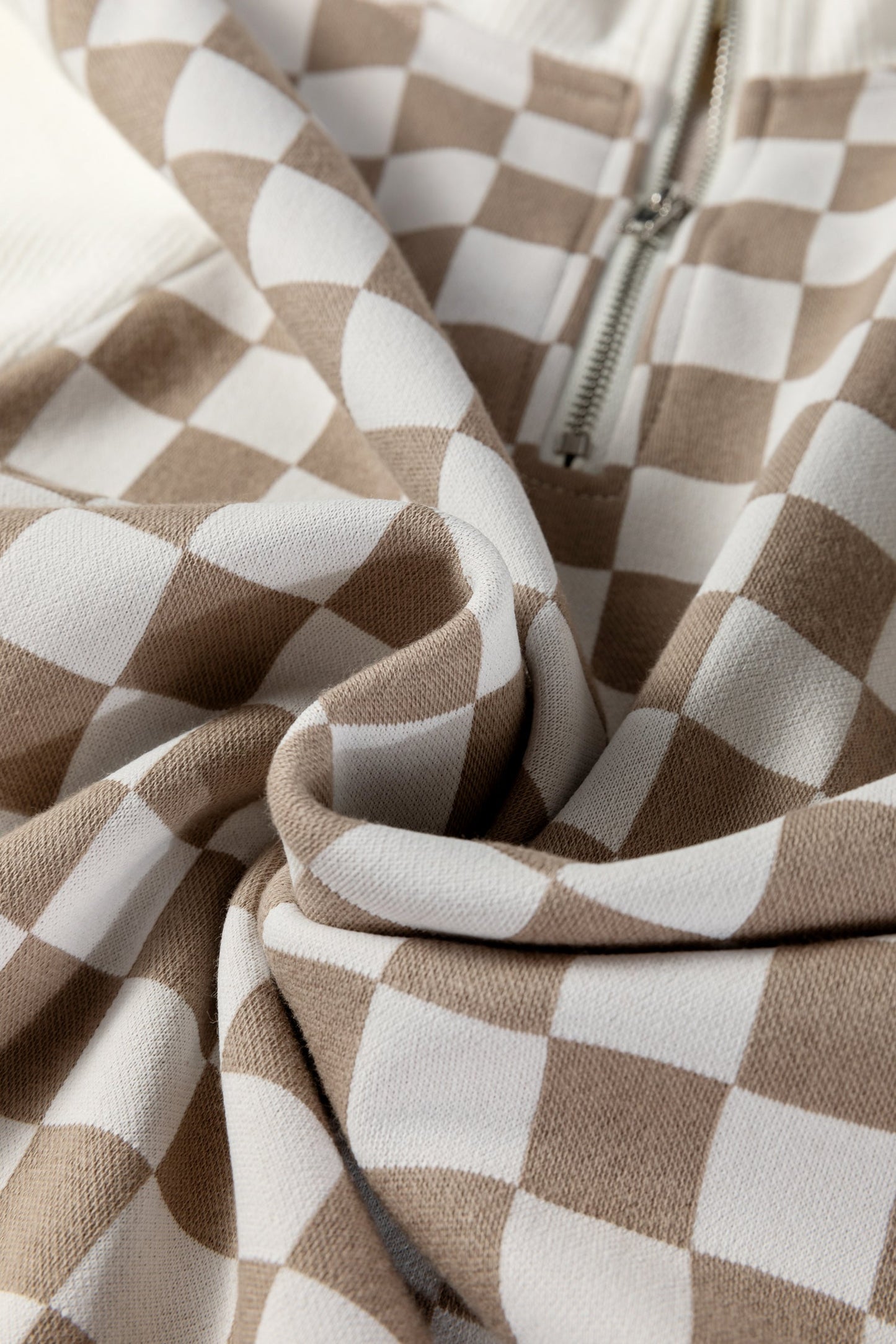 Checker Ribbed Patchwork Quarter Zip Sweatshirt