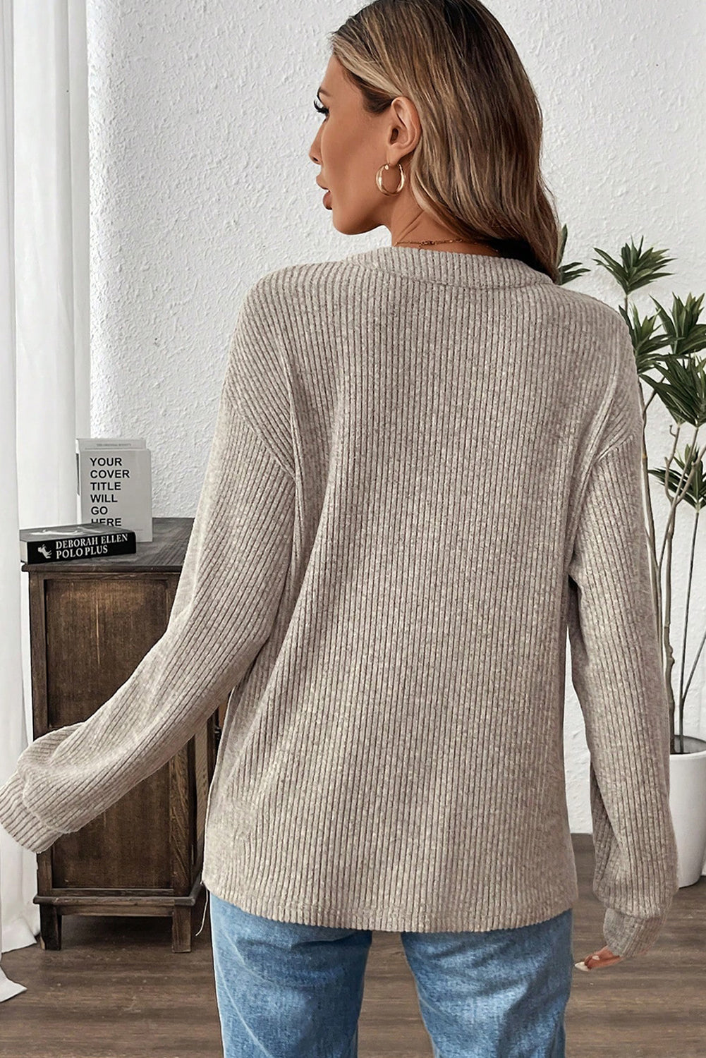 Plus Size Ribbed Knit Kangaroo Pocket Henley Top