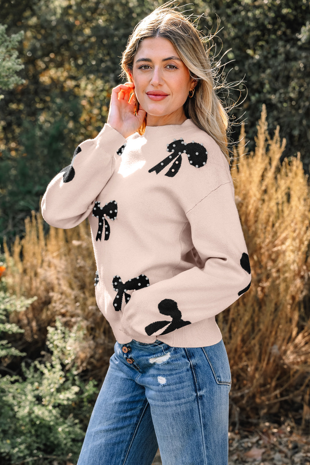 Bow Pearl Embellished Drop Shoulder Sweater