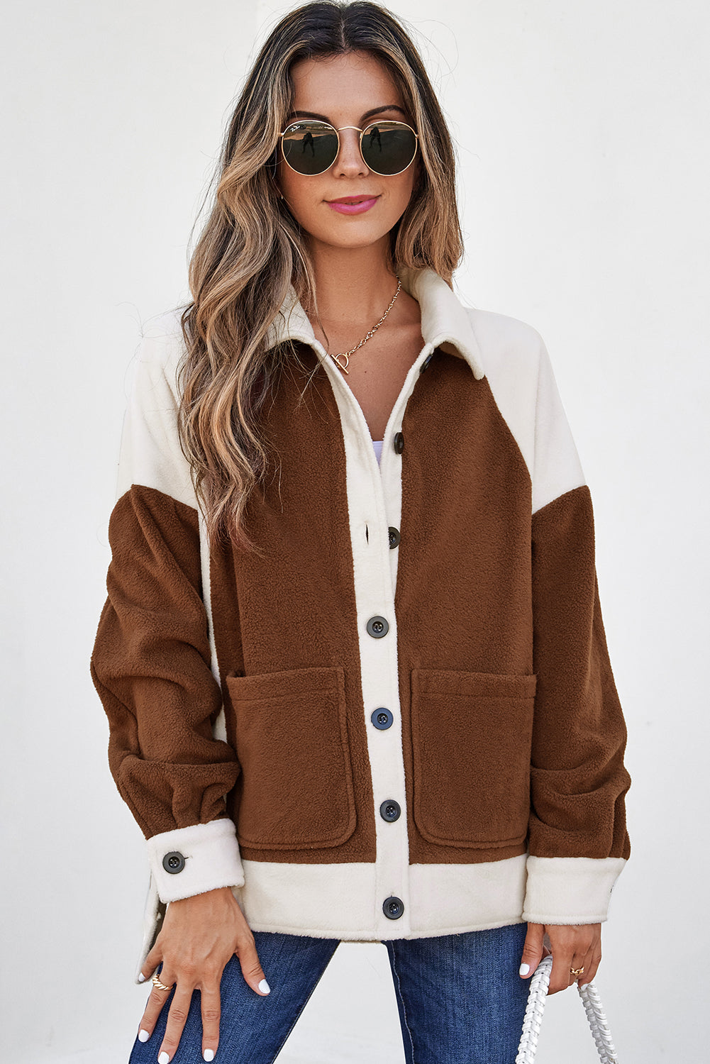 Colorblock Fleece Patchwork Button Down Shacket