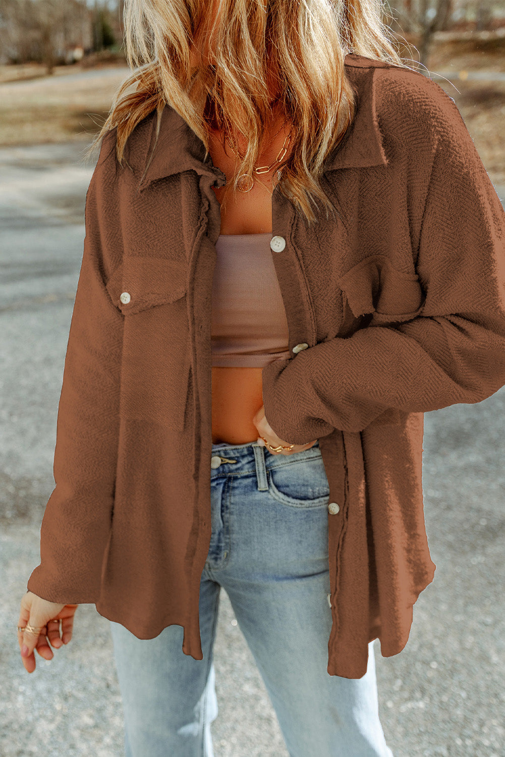 Solid Reverse Seam Button-Front Terry Shacket