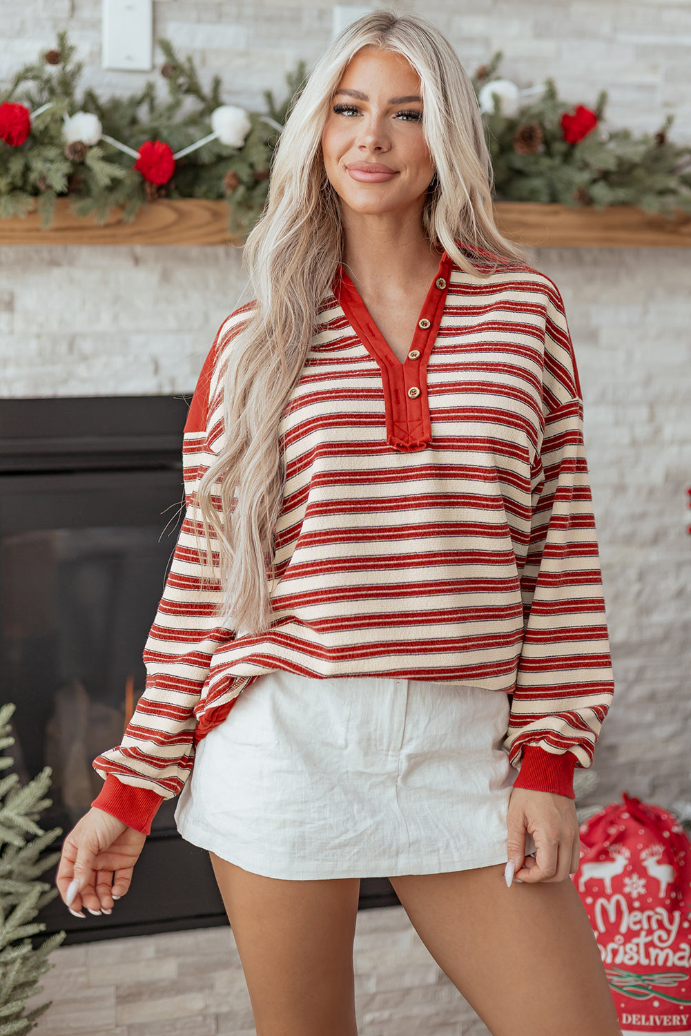 Stripe Buttoned Collared V-Neck Drop Shoulder Top