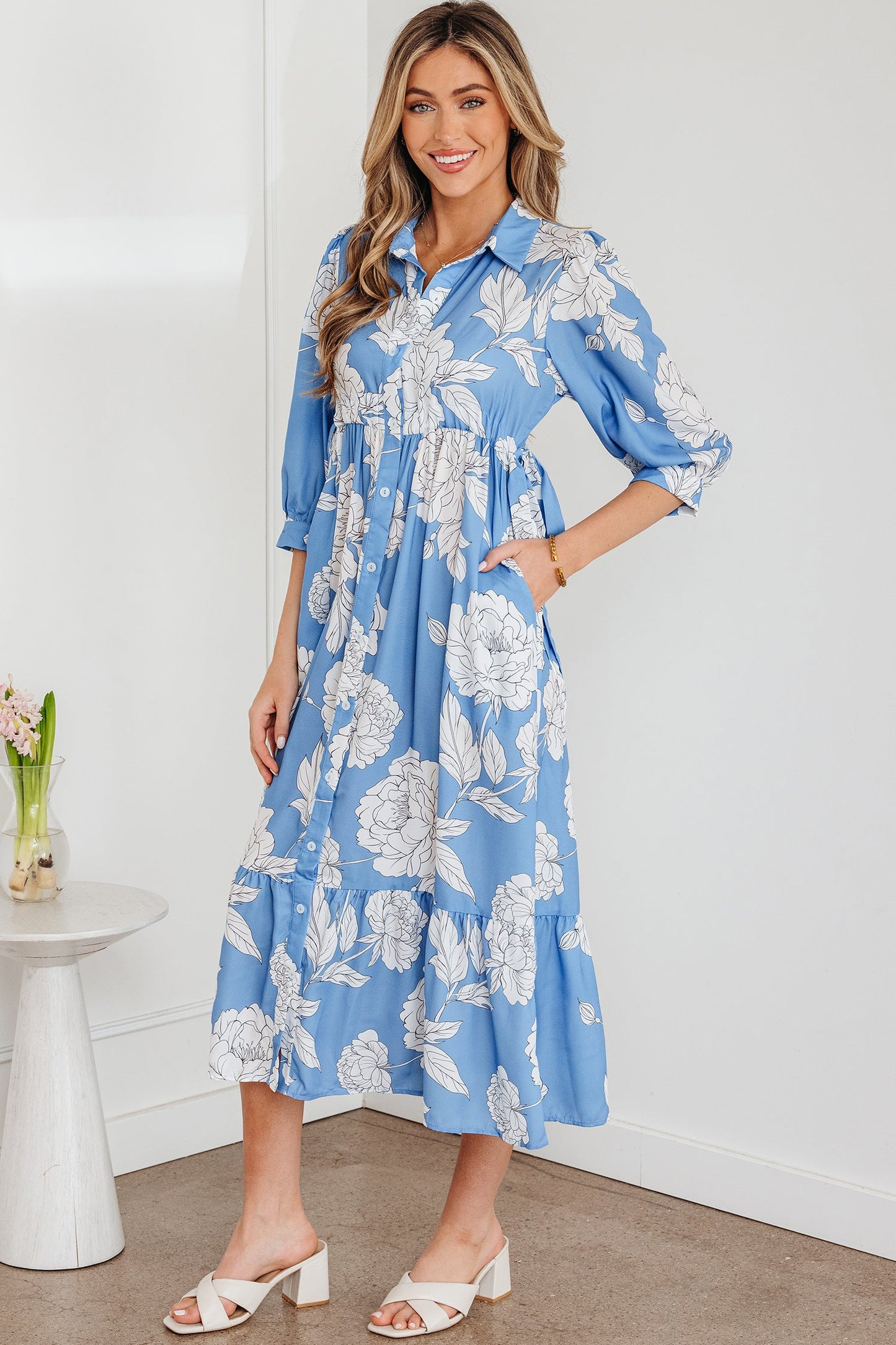 Floral Button-Front 3/4 Sleeve Ruffle Hem Dress