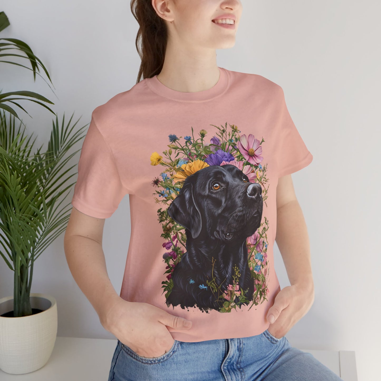Black Lab Floral Short Sleeve Tee | Dog Lover Gift, Pet Memorial, Mother's Day Gift, Nature Lover Apparel, Casual Wear