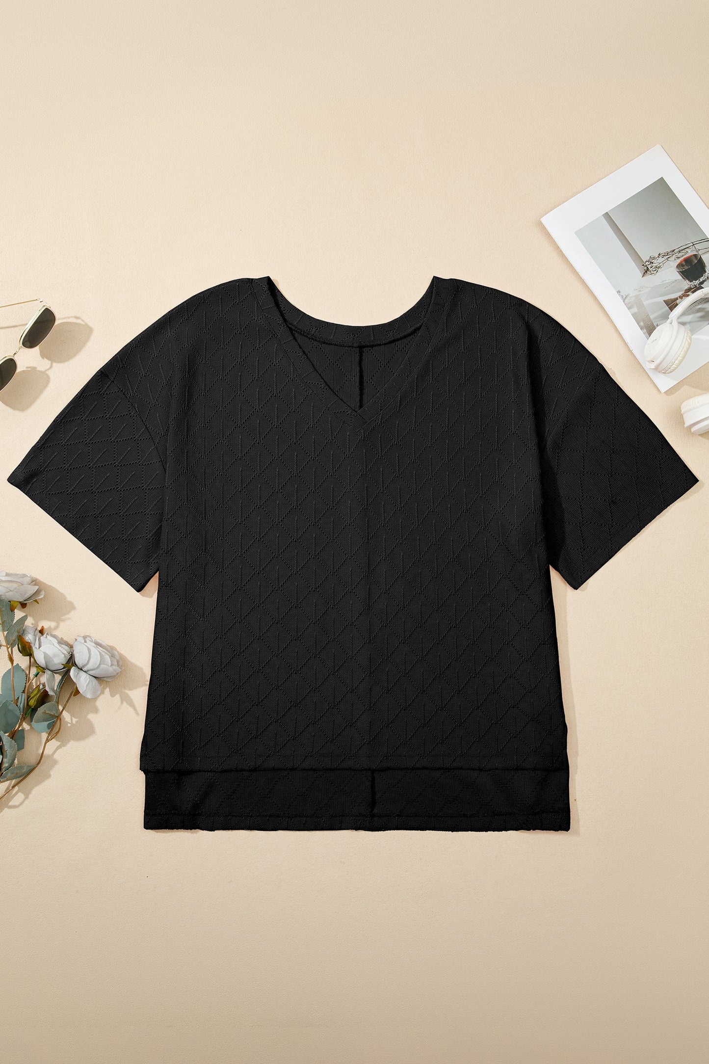 Plus Size Rhombus Pointelle Knit V-Neck Top