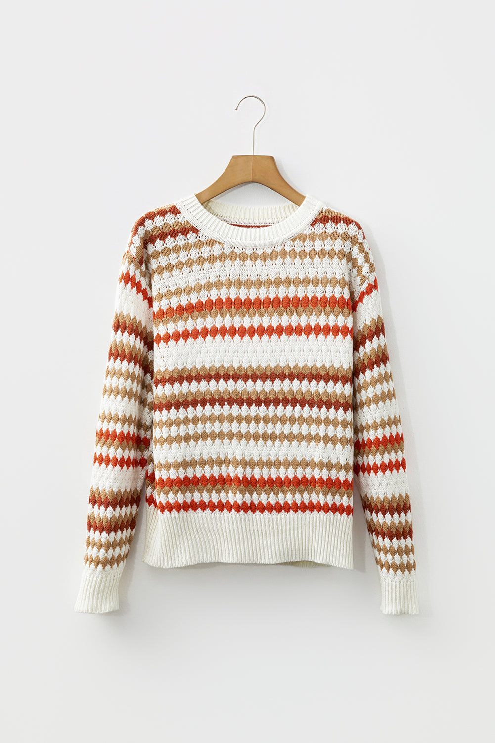 Stripe Eyelet Knit Drop Shoulder Sweater