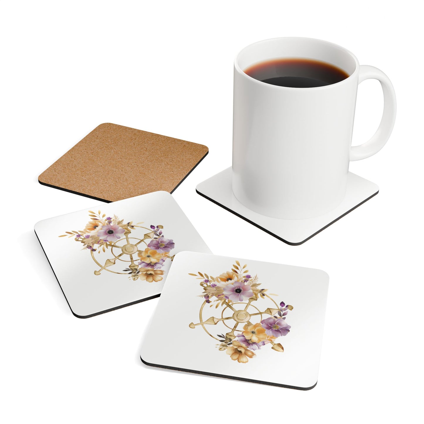 Floral Corkwood Coaster Set - Elegant Home Decor for Coffee Lovers, Drinkware Accessories, Wedding Gifts, Kitchen Essentials, [...]
