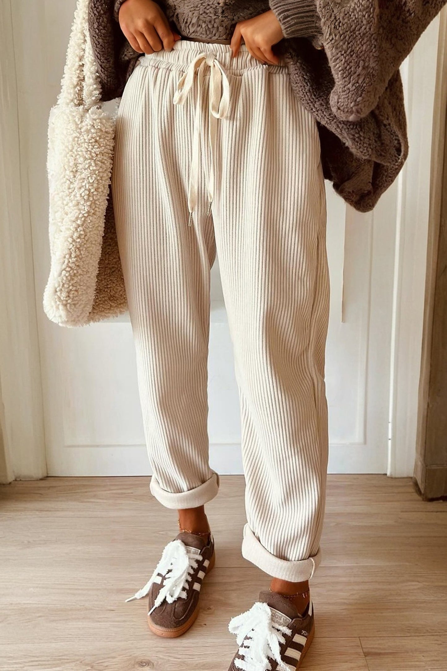 Solid Corduroy Drawstring Elastic Waist Pants