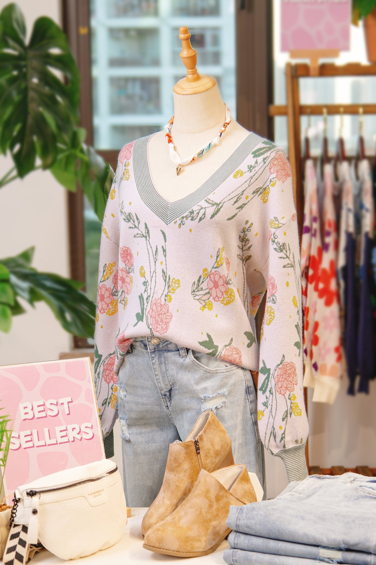 Floral Stripe Contrast V-Neck Sweater