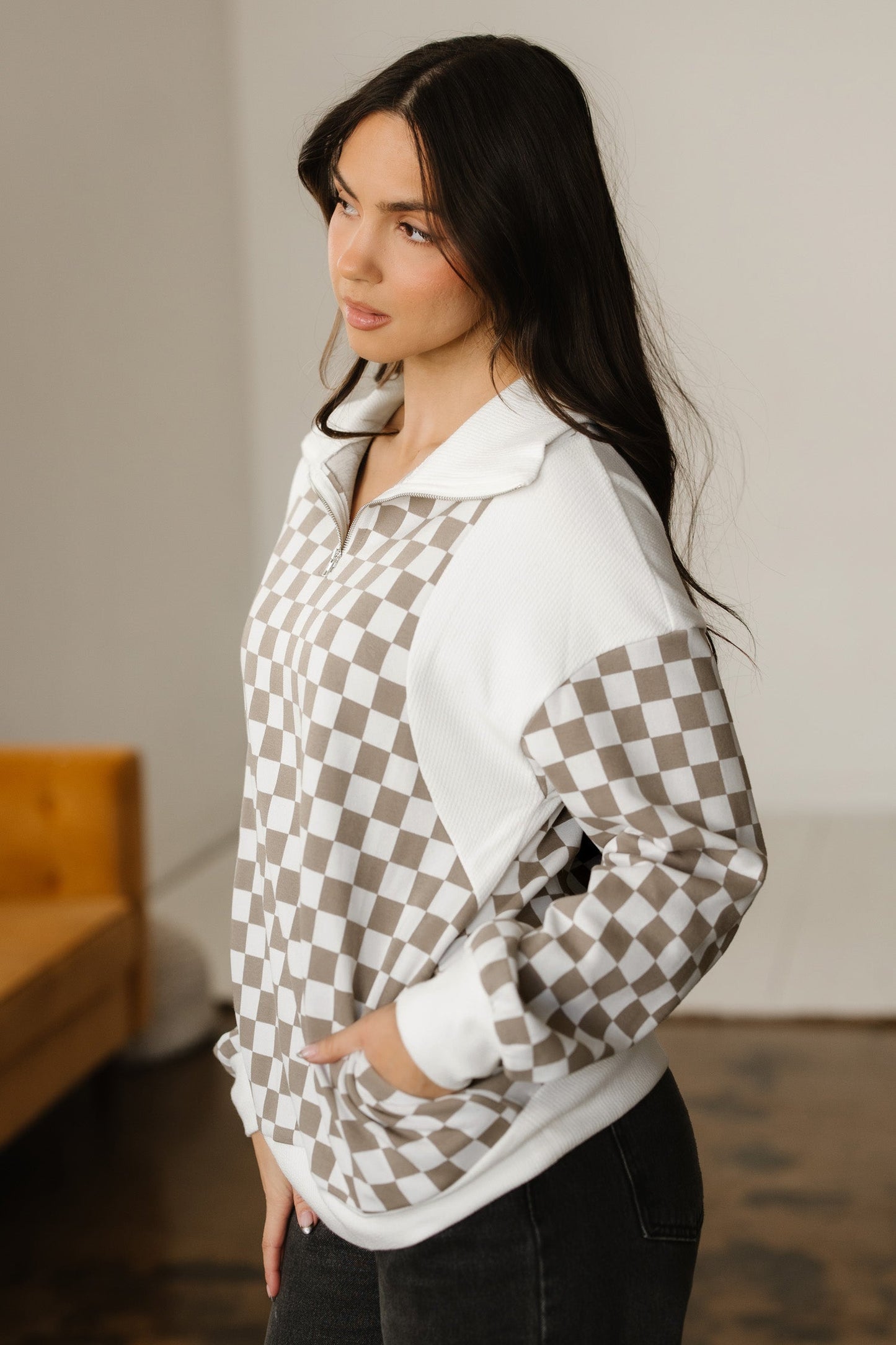 Checker Ribbed Patchwork Quarter Zip Sweatshirt