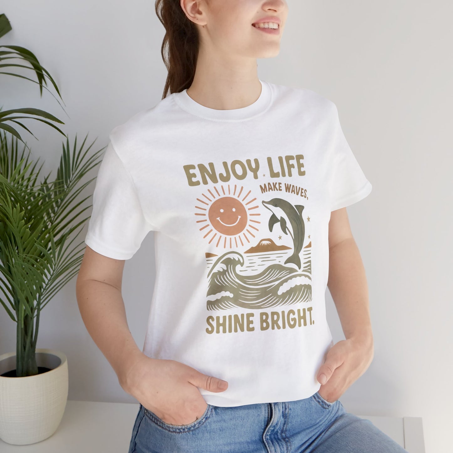 Enjoy Life Short Sleeve Tee - Retro Beach Vibes, Summer Style, Perfect Gift, Casual Wear, Dolphin Design, Fun Shirt