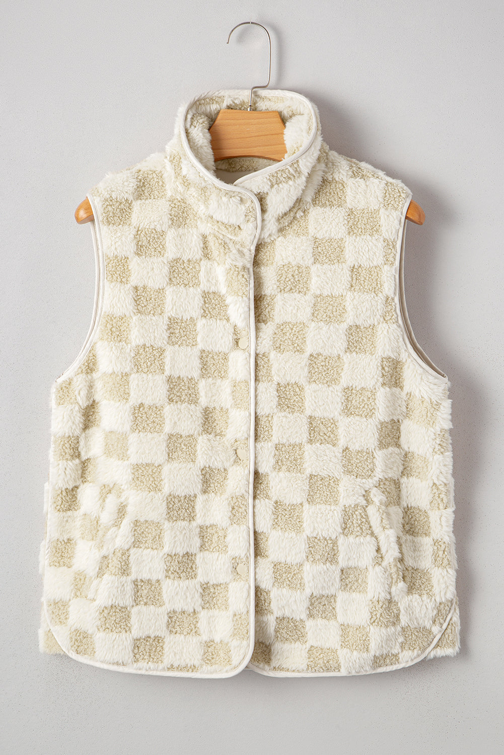 Checker Sherpa Snap Button Vest Jacket With Pockets