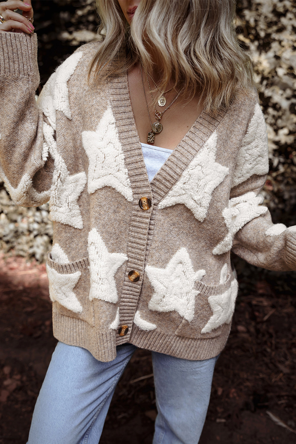 Star Sherpa Textured Buttoned Sweater Cardigan