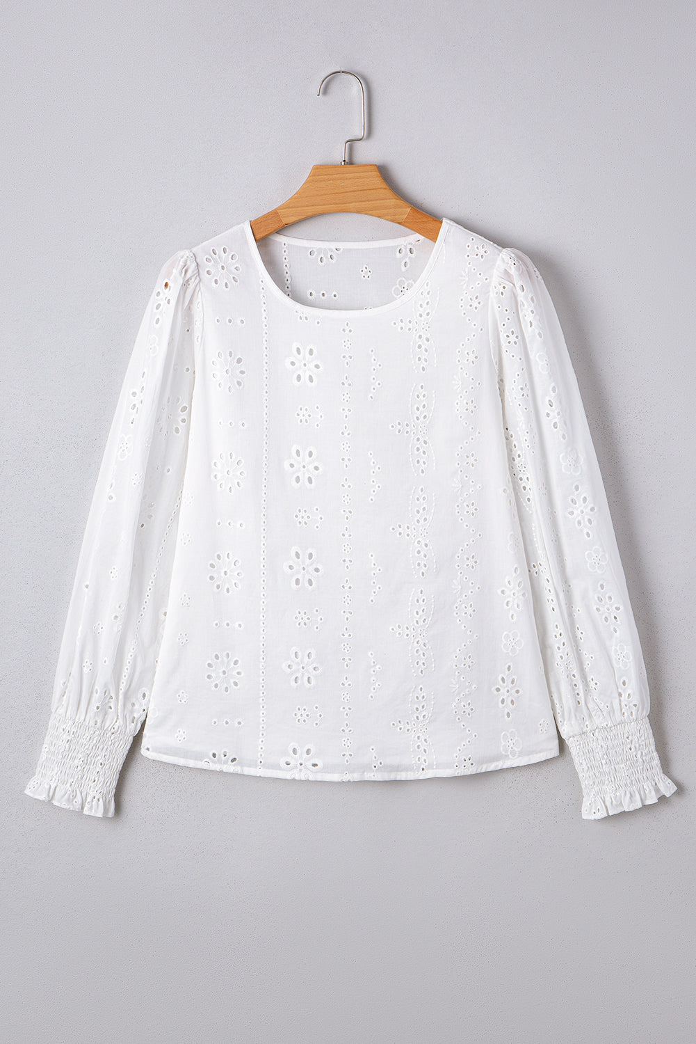 Solid Eyelet Embroidered Long Sleeve Blouse