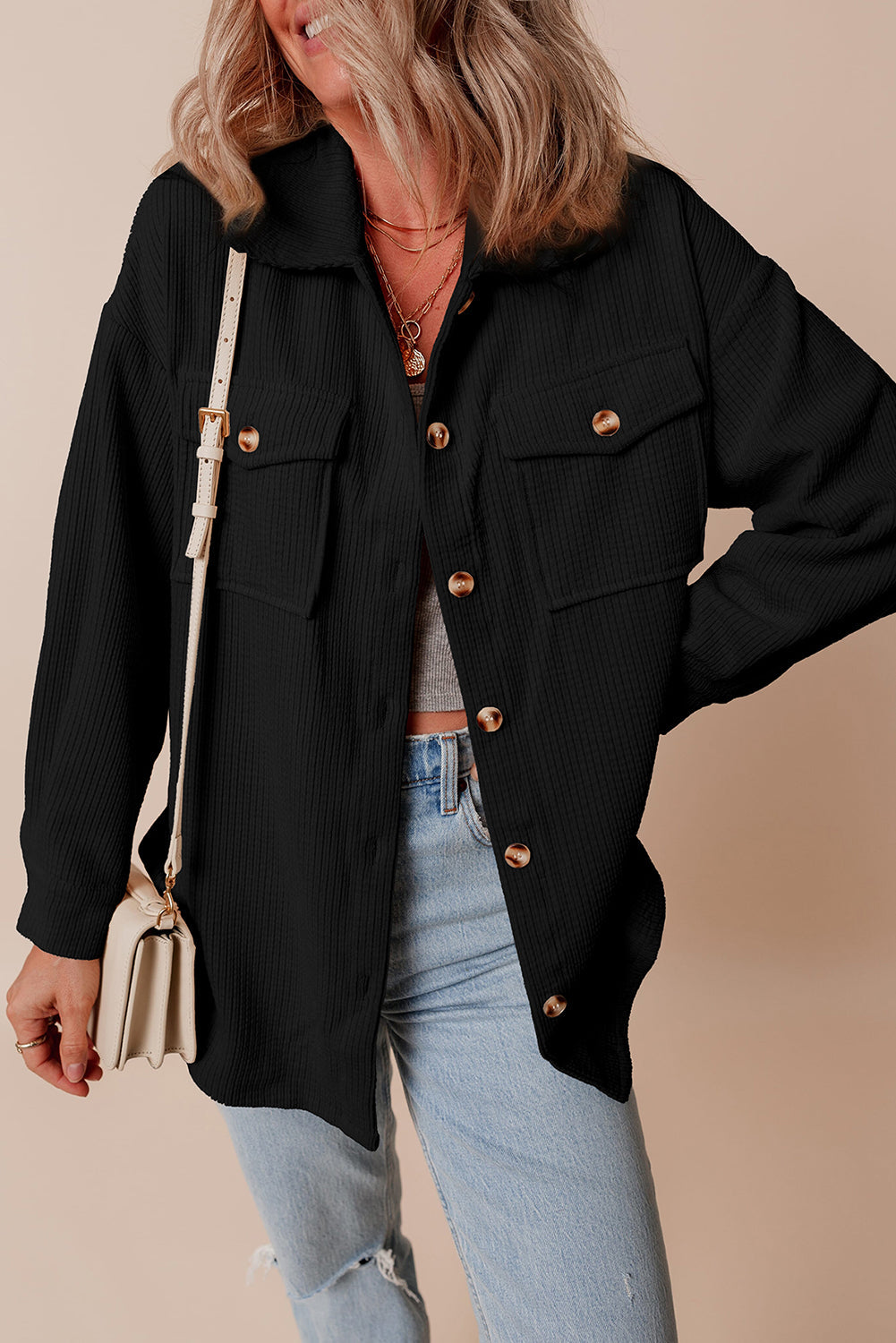 Solid Corduroy Button-Up Pocketed Shacket