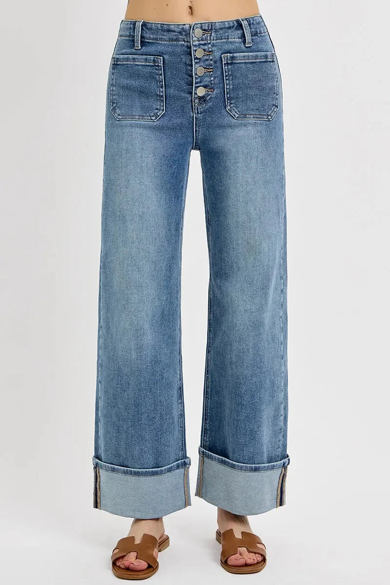 RISEN Jeans - High Rise Ankle Wide Button Patch Pocket Cuffed Jeans