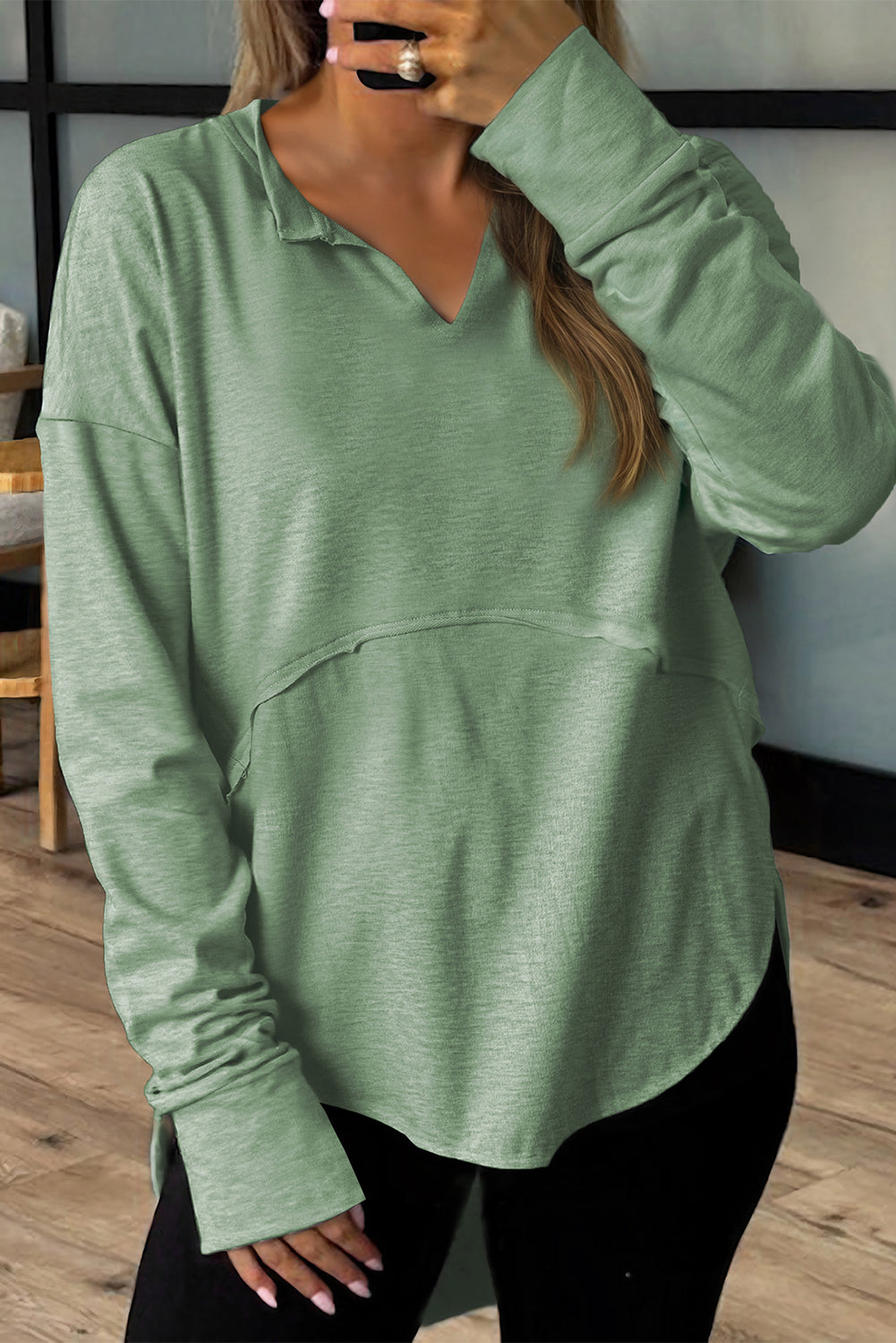 Solid V-Neck Raw Hem Long Sleeve Top