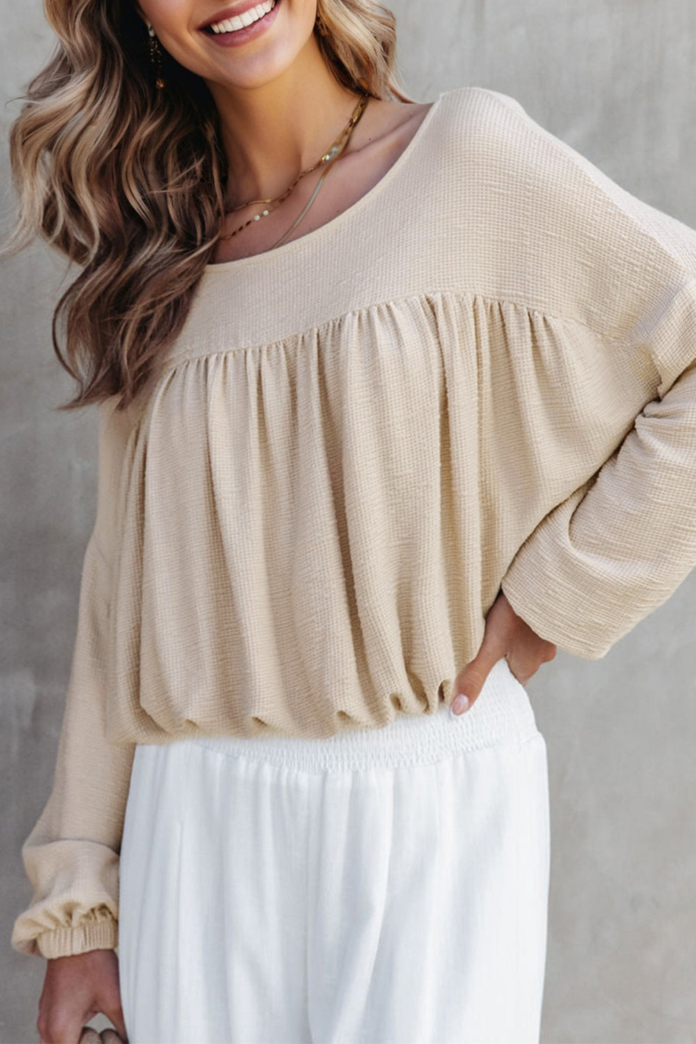 Solid Ribbed Knit Pleated Long Sleeve Top