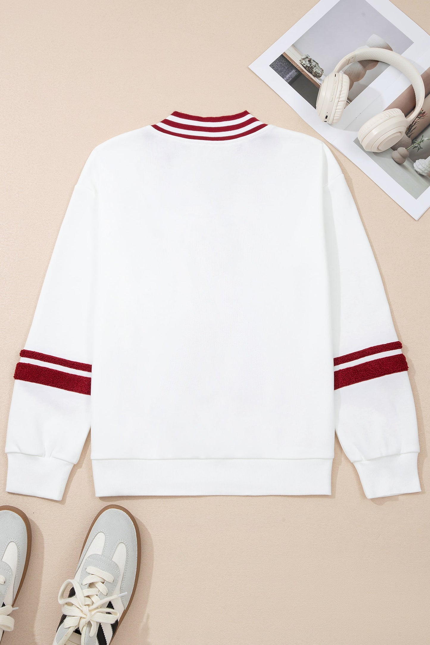 Chenille Varsity Stripe V-Neck Puff Sleeve Sweatshirt