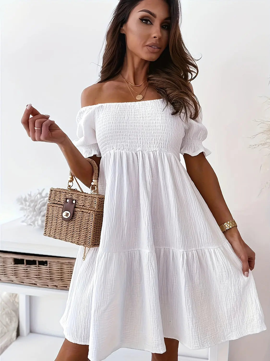 Full Size Ruffled Off Shoulder Short Sleeve Dress