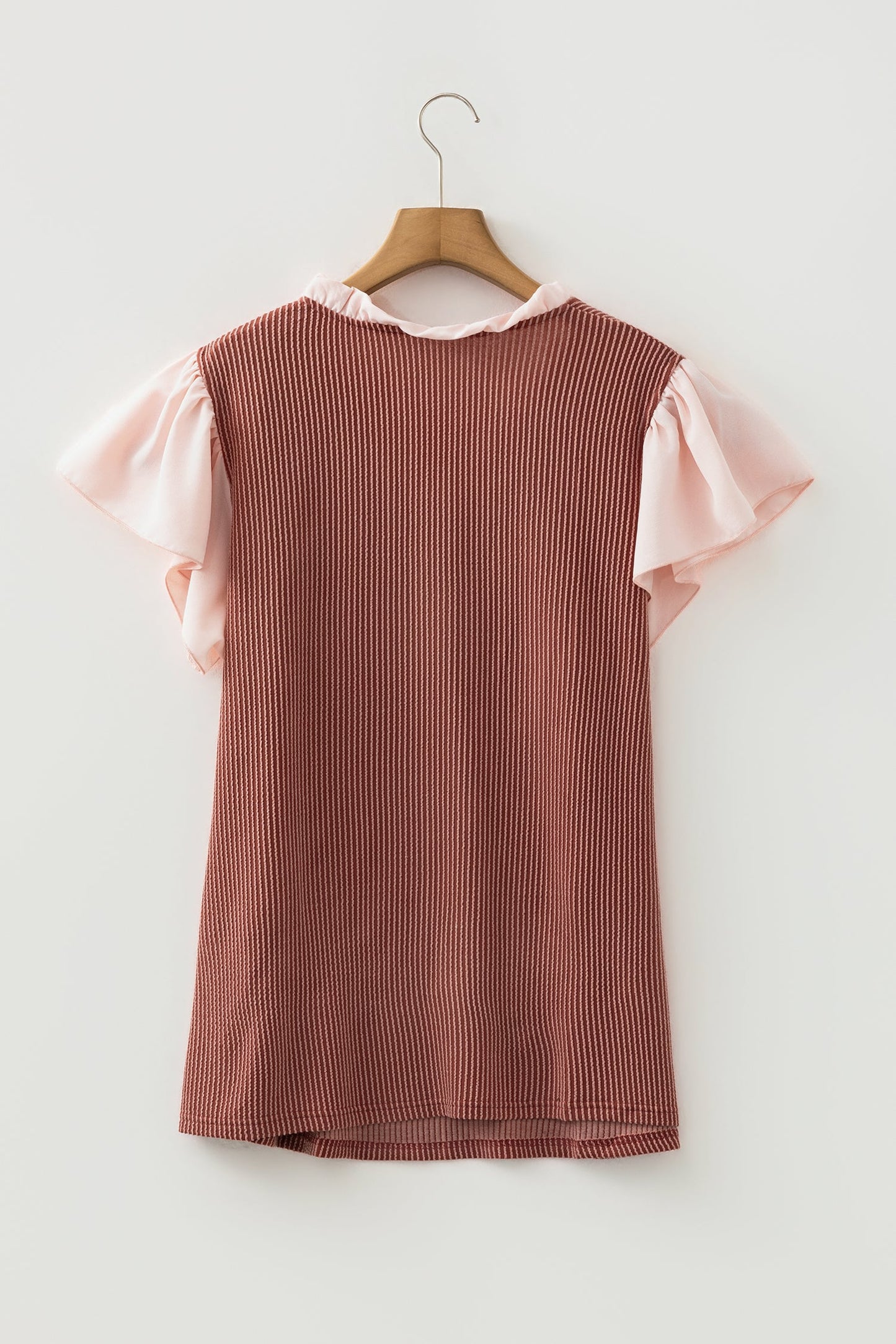 Plus Size Colorblock Corded Knit Ruffle Sleeve Blouse