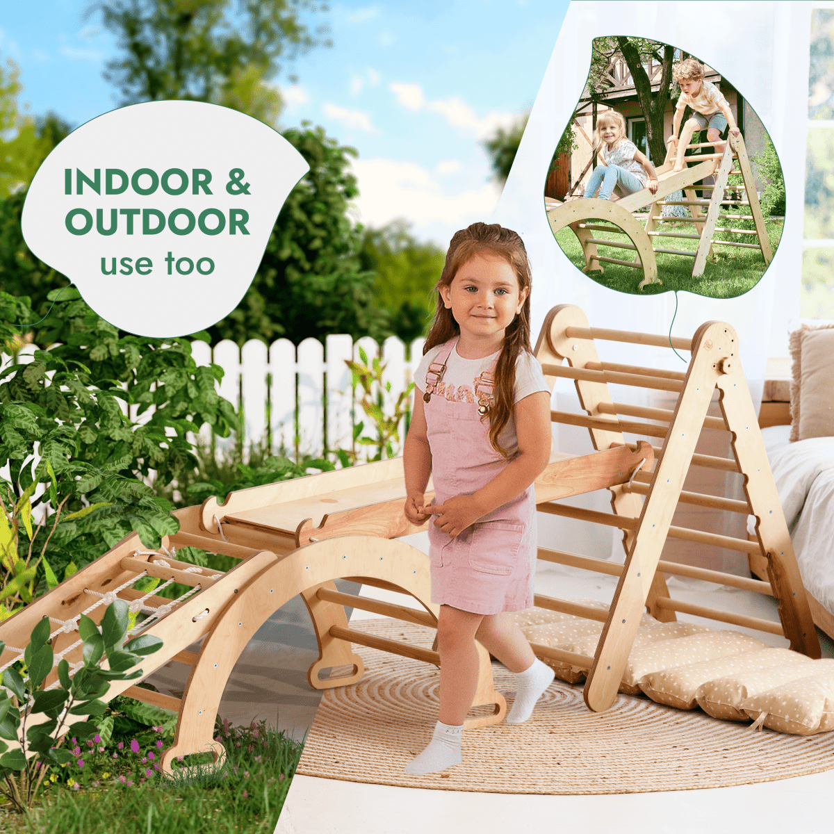 5in1 Montessori Climbing Set: Triangle Ladder + Arch/Rocker + Slide Board/Ramp + Netting rope + Cushion
