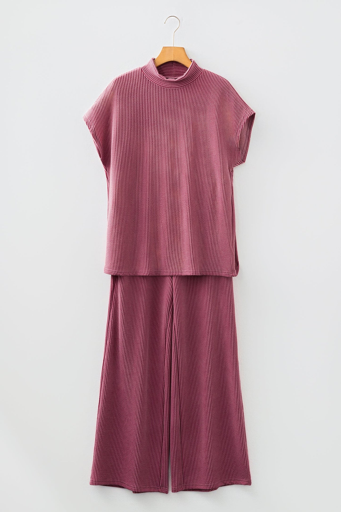 Corded Knit Mock Neck Tee and Pant Set