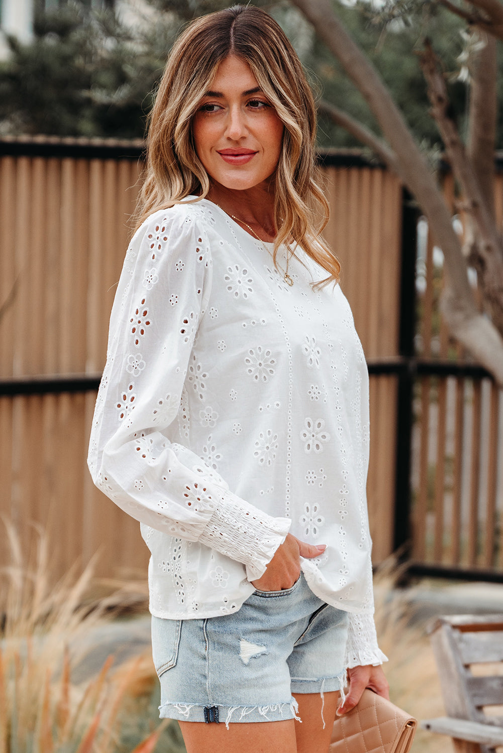 Solid Eyelet Embroidered Long Sleeve Blouse
