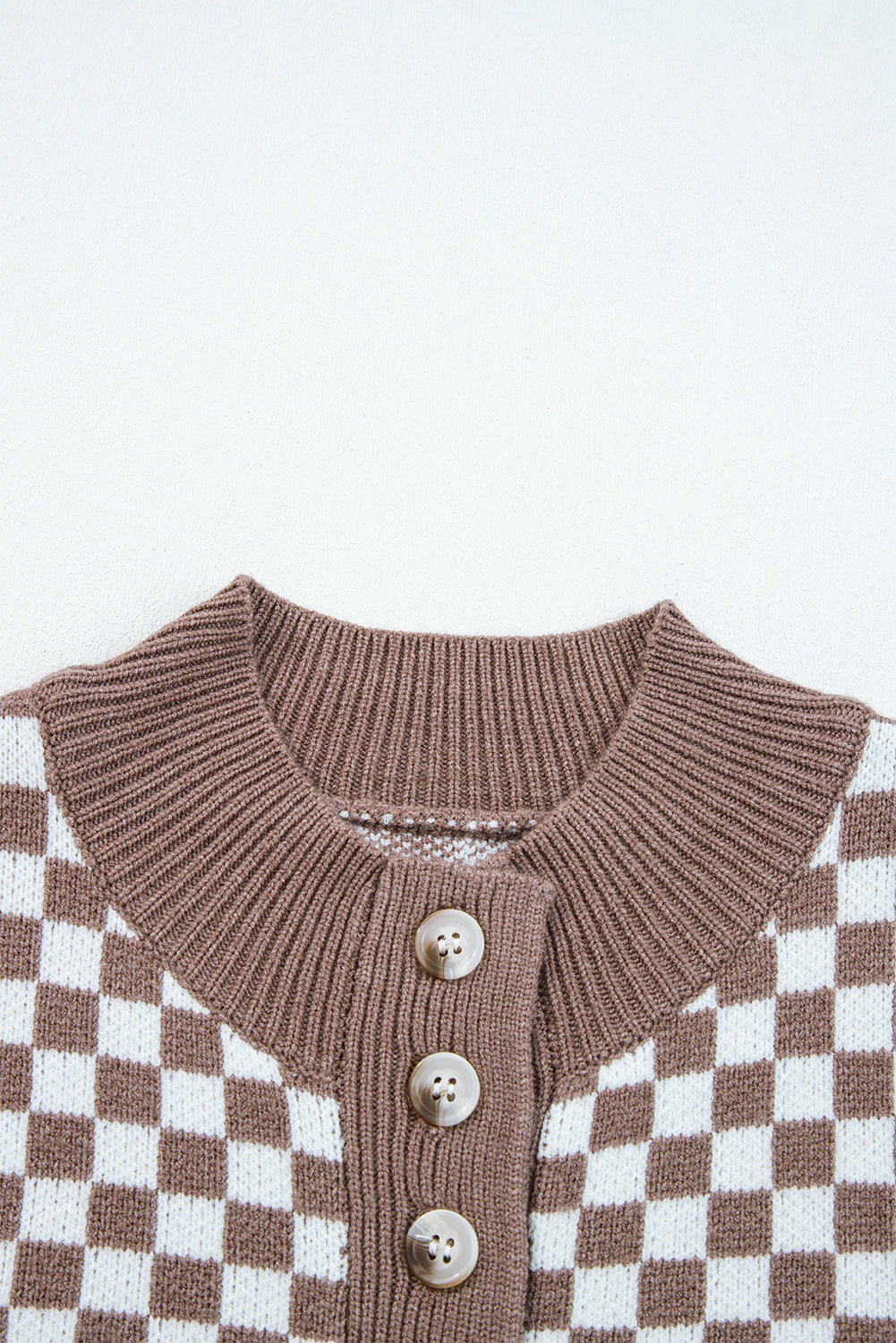 Checker Ribbed Trim Half-Button Sweater