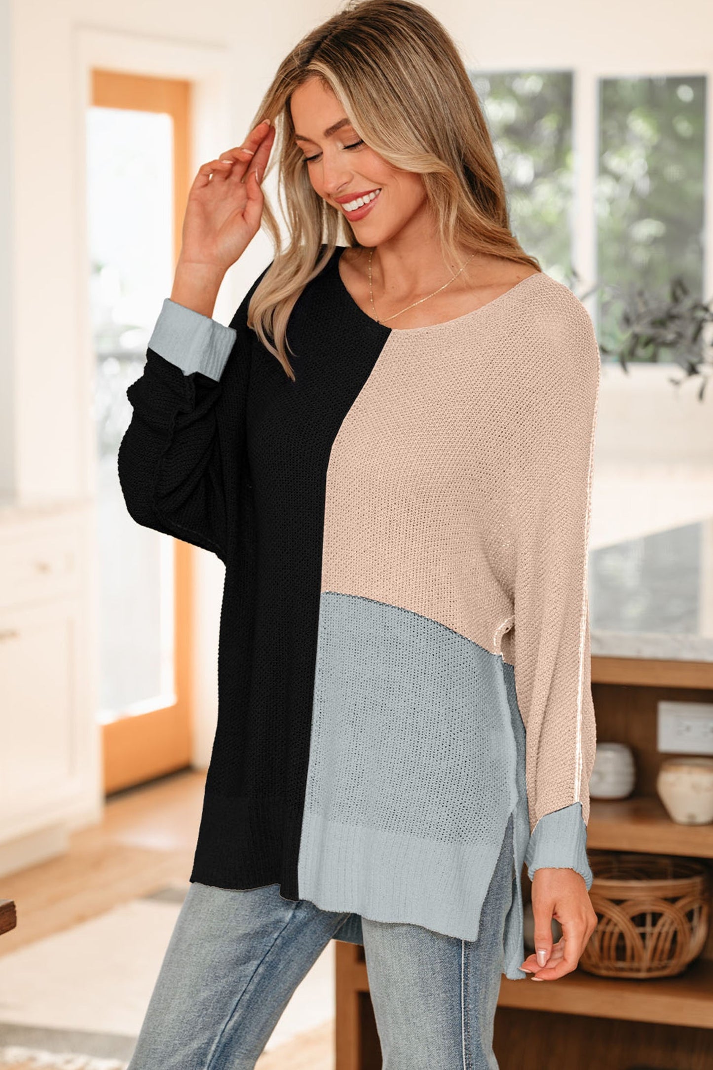 Colorblock Knit V-Neck Sweater