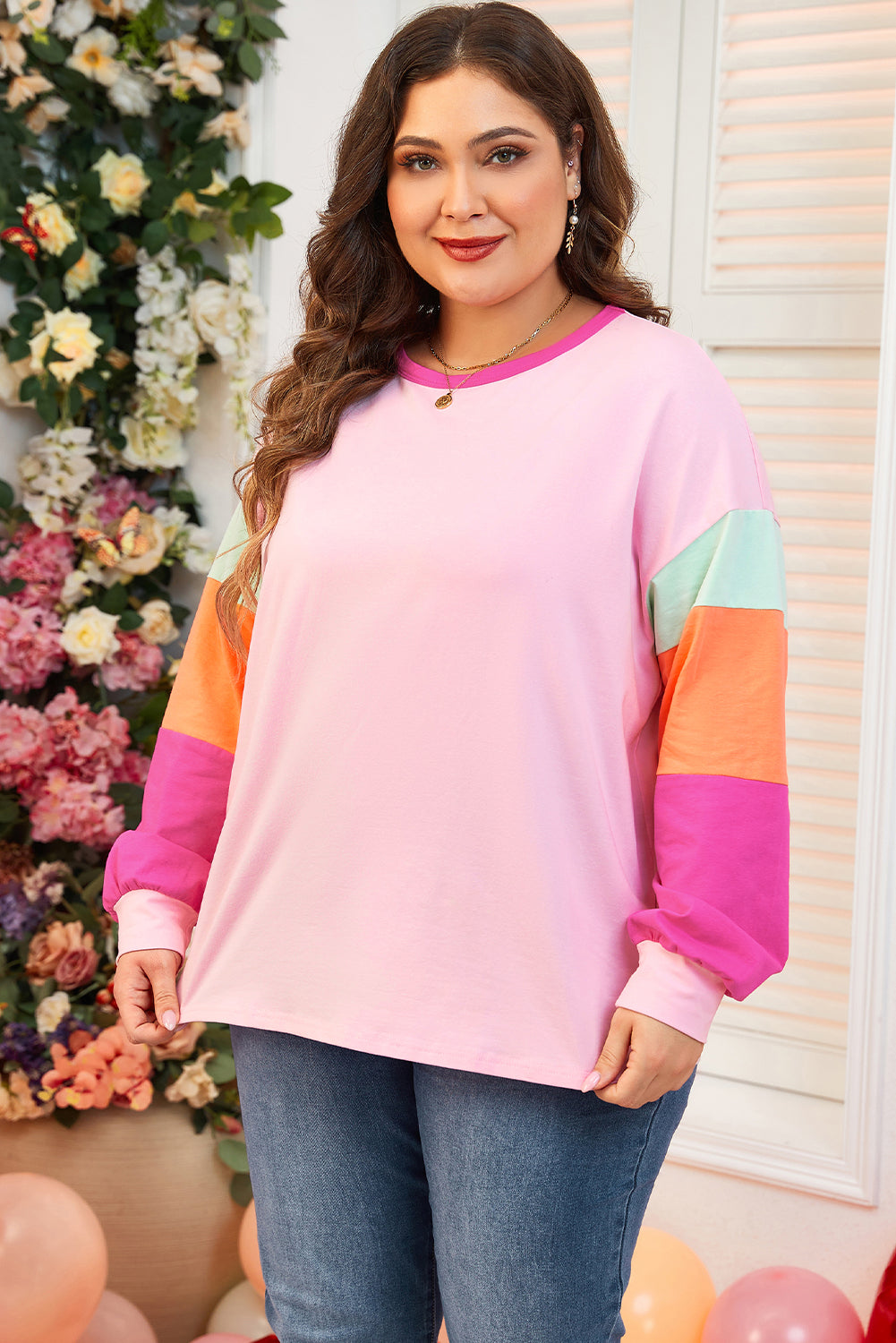 Plus Size Colorblock Patchwork Long Sleeve Top