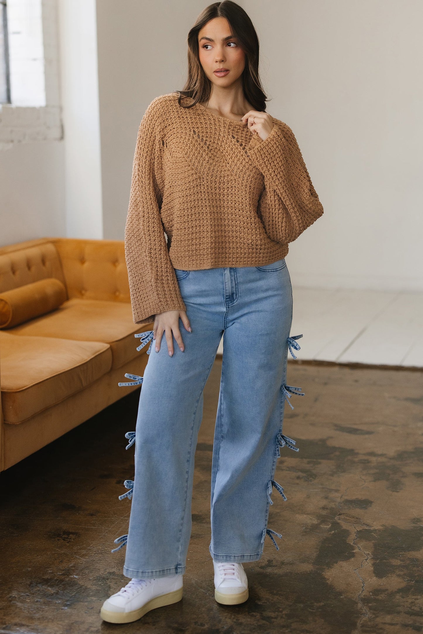Hollowed Knit Wide Sleeve Pullover Sweater
