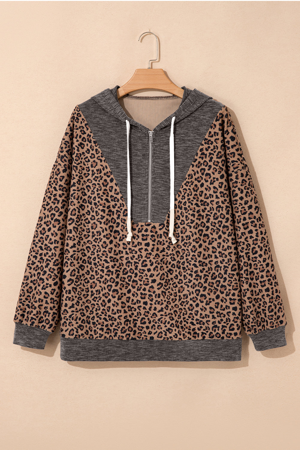 Leopard Ribbed Knit Contrast Half-Zip Hoodie
