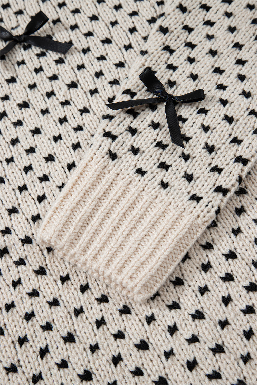Bow Tie Ribbed Edge Crewneck Long Sleeve Sweater